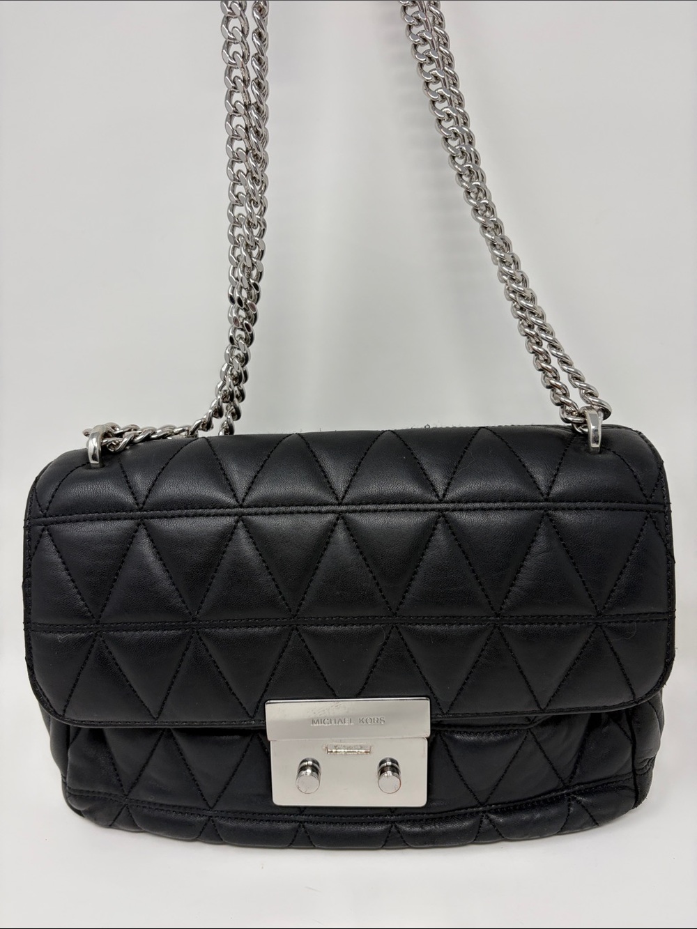 Michael Kors Black Quilted Leather Shoulder Bag with Silver Hardware